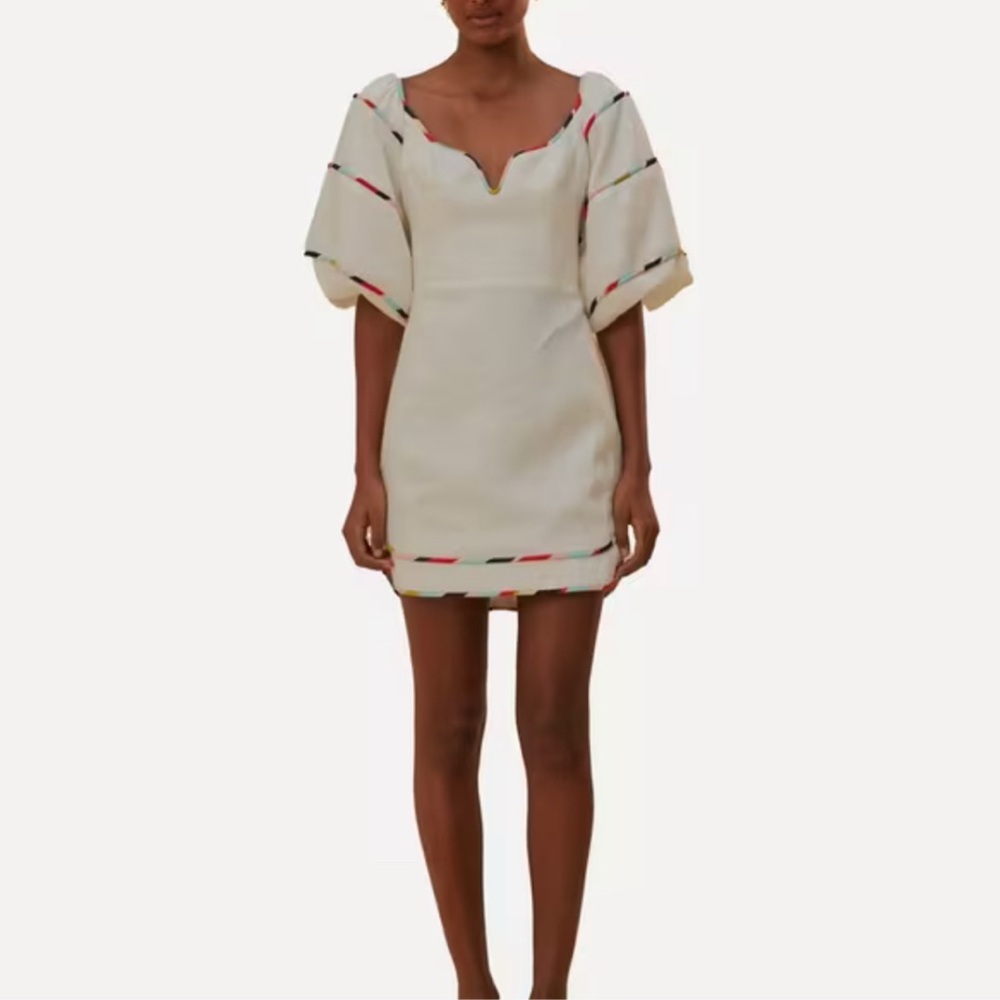 FARM RIO Elegant White Dress with Coloful Accents Sleeves